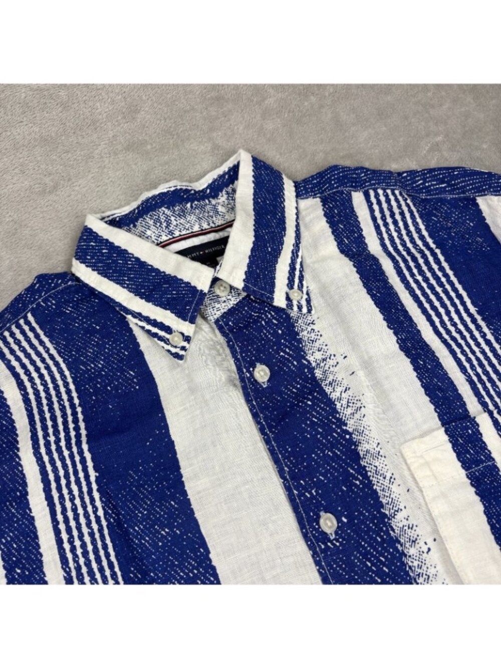 Tommy Hilfiger Premium Linen Shirt Mens Medium Blue White Striped Button Down